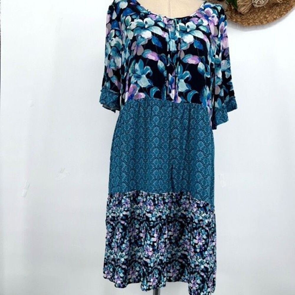 Soft Surroundings Night Bloom Flutter Sleeve Floral MIDI Dress L Navy Multi